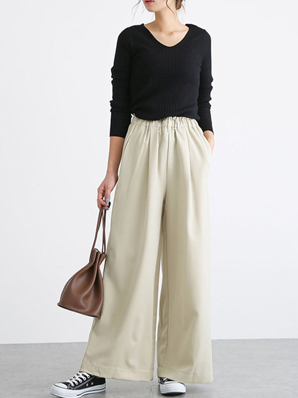 Pantalon taille haute à jambes larges, élastique, couleur unie, à empiècements, large côté