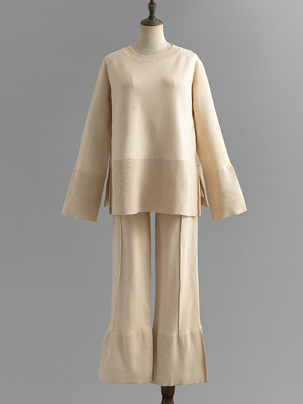 Ensemble deux pièces décontracté ample à manches longues, à col rond, à jambes larges, couleur unie – pull + pantalon