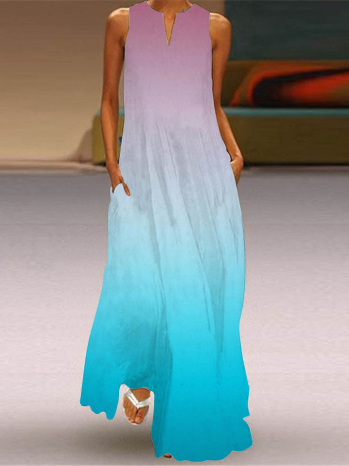 Robe longue ample imprimée coupe trapèze, à poches, à empiècements, à col en V, couleur contrastée