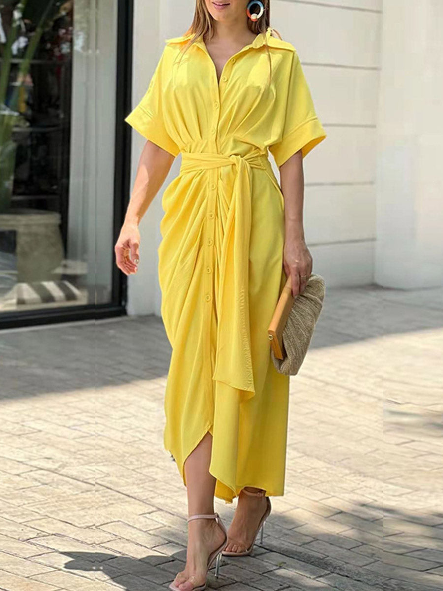 Robe chemise boutonnée plissée à taille élastique, taille haute, à empiècements, à taille nouée, à col revers, couleur unie