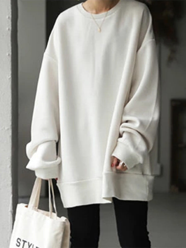 Sweat-shirt décontracté ample à col rond, couleur unie