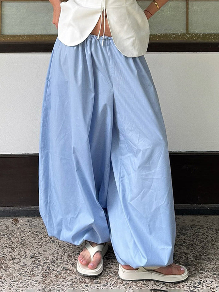 Pantalon resserré aux chevilles plissé à taille élastique, taille haute, à cordon de serrage, couleur unie