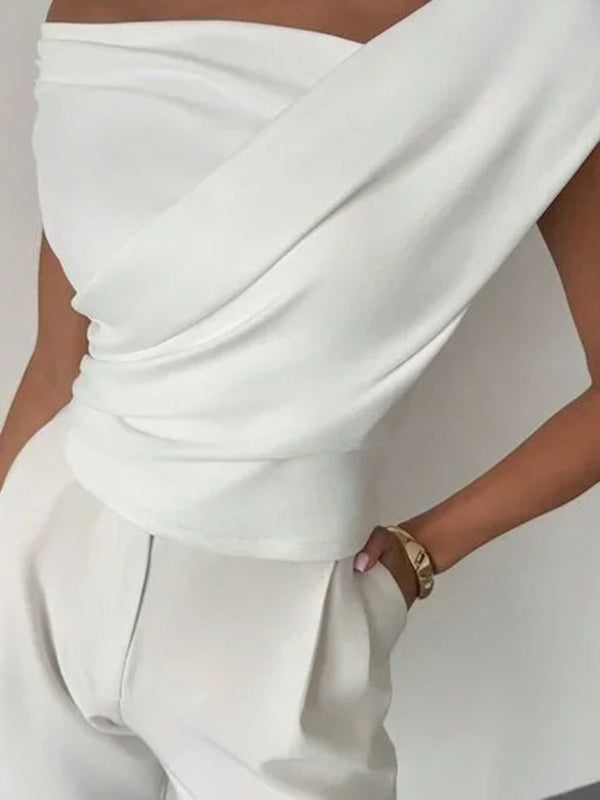 Manches courtes maigre asymétrique plissé couleur unie à empiècements décolleté asymétrique T-shirts hauts