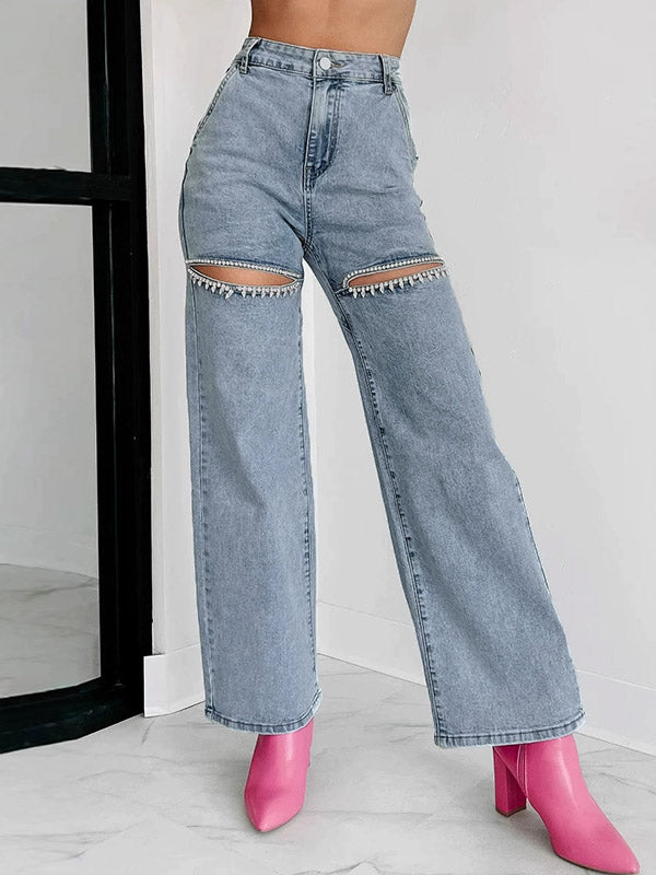 Jean déchiré taille haute, à jambes droites, à empiècements