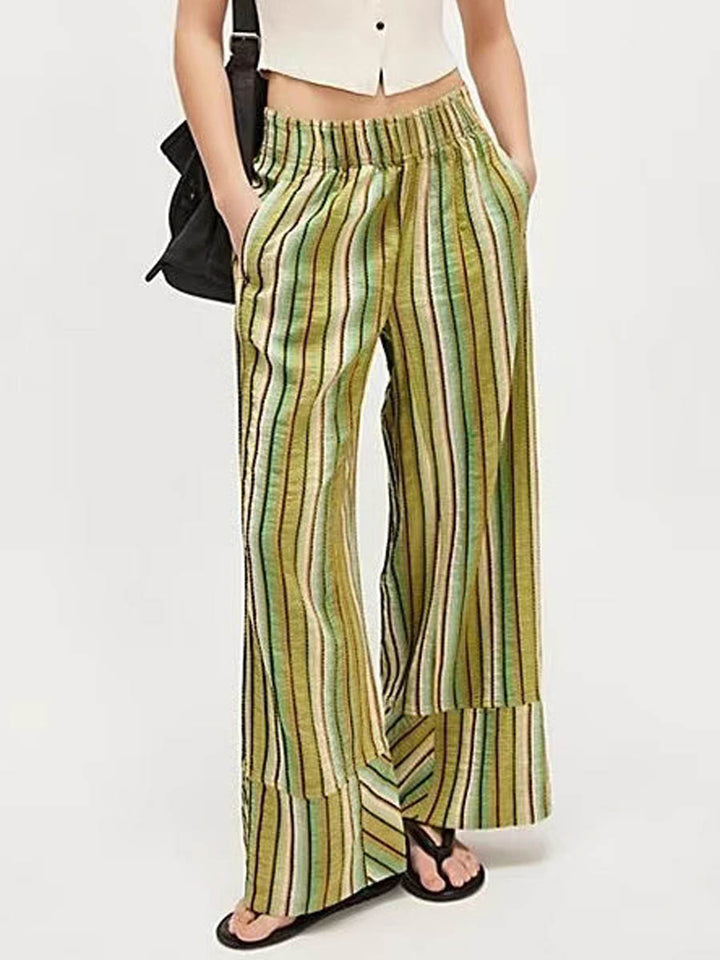 Pantalon imprimé rayé à taille élastique, taille haute, à empiècements, couleur contrastée
