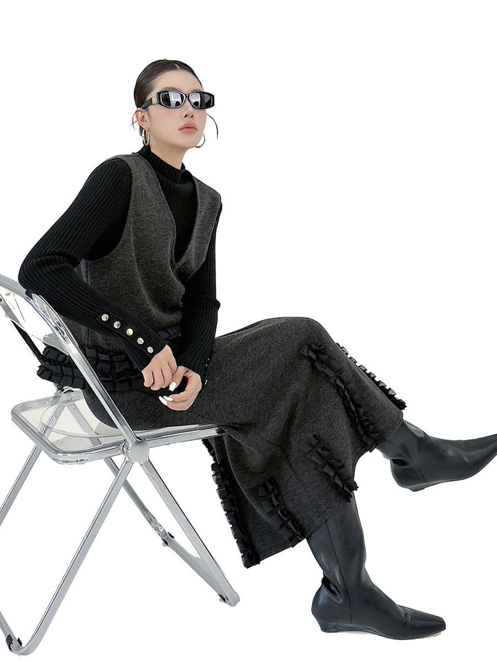 Ensemble deux pièces volanté plissé à empiècements, à col en V, à taille élastique, taille haute, couleur contrastée – débardeur + jupe