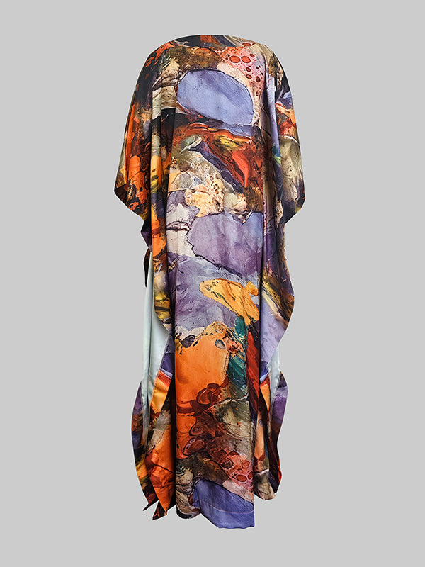 Robe longue ample imprimée à manches chauve-souris, en gaze, à empiècements, à col en V