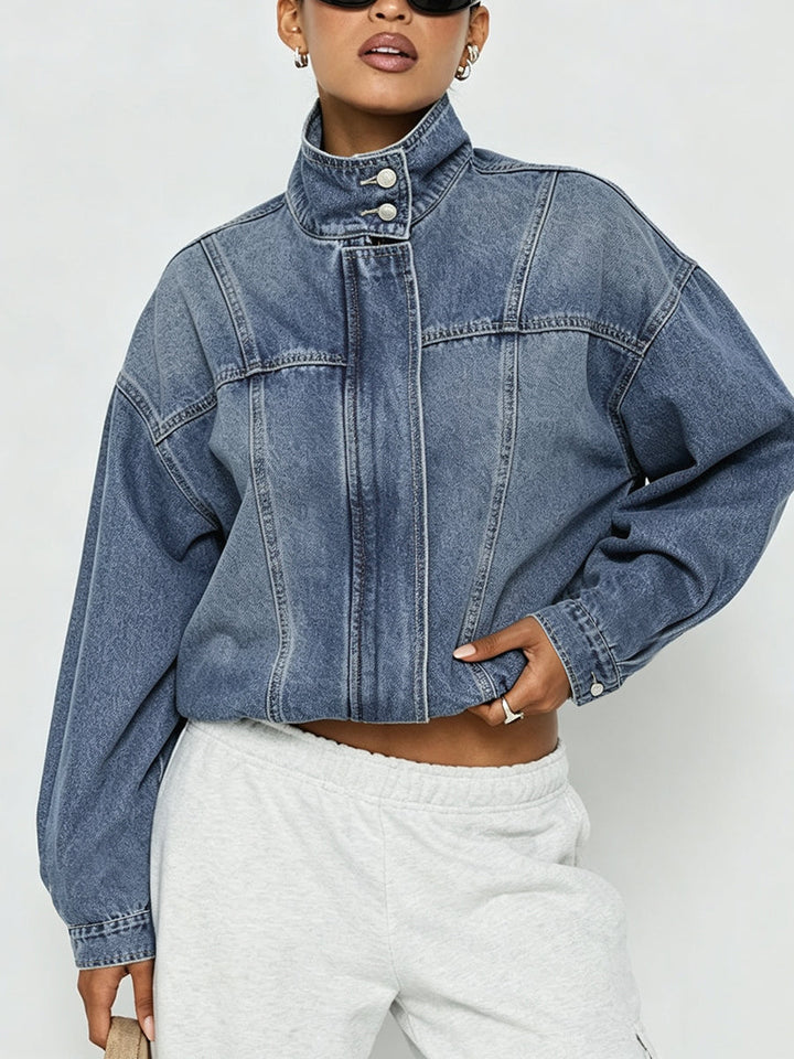 Veste boutonnée ample à fermeture éclair, à taille élastique, à manches longues, à col montant