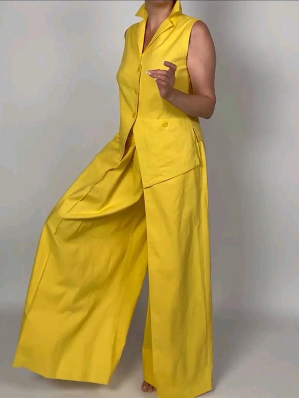 Pantalon ample à jambes larges, à empiècements, couleur unie