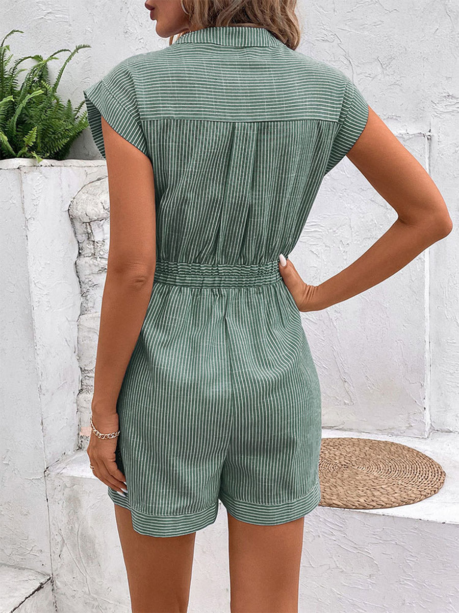 Combishort boutonné rayé à taille élastique, taille haute, à poches, à empiècements, à taille nouée, à col en V, couleur contrastée
