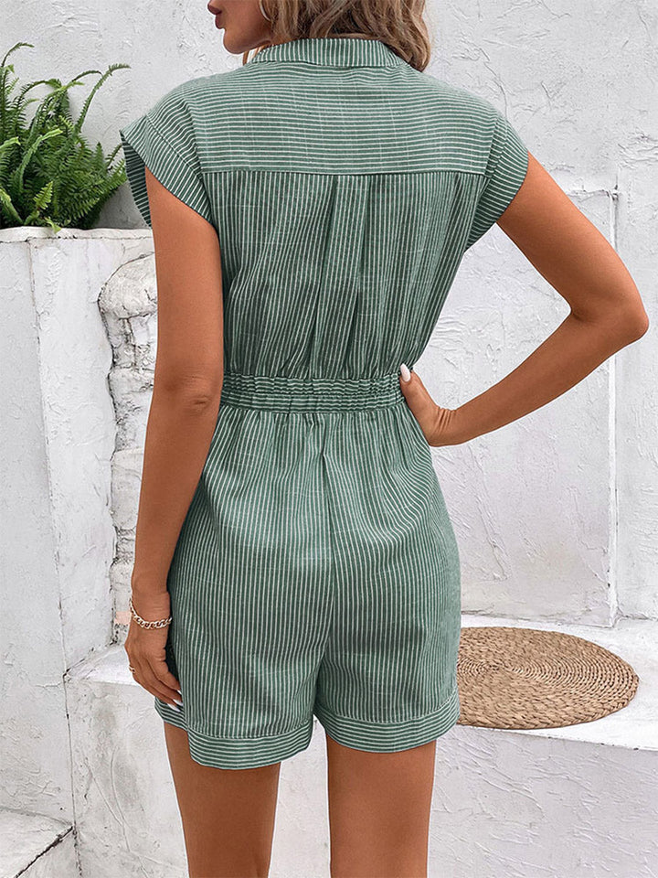 Combishort boutonné rayé à taille élastique, taille haute, à poches, à empiècements, à taille nouée, à col en V, couleur contrastée