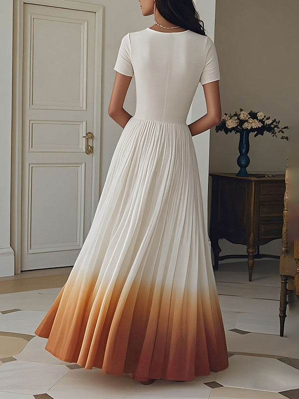 Robe longue plissée coupe trapèze, taille haute, en dégradé, à fermeture éclair, à col en V
