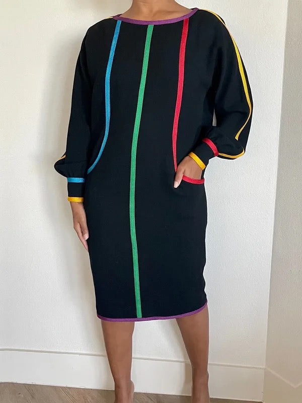 Robe mi-longue à manches longues, à manches bouffantes, à poches, à col rond, couleur contrastée