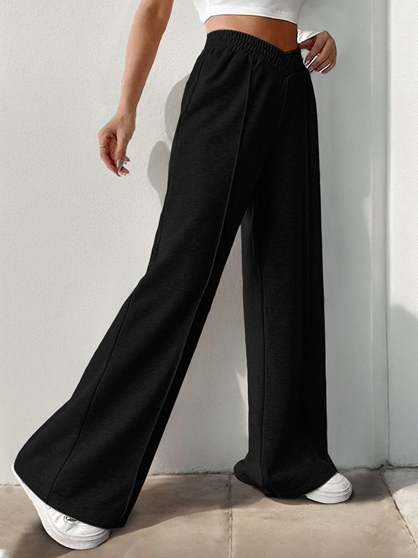 Pantalon ample taille haute, à taille élastique, couleur unie