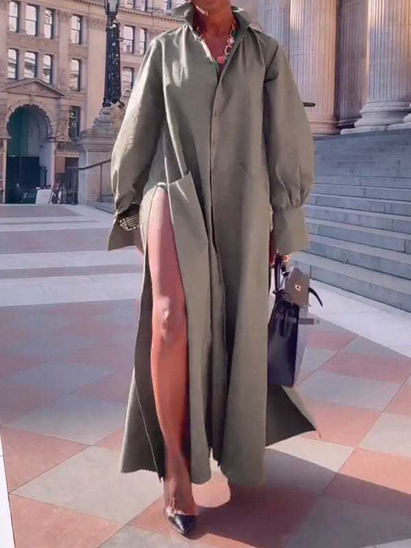 Robe chemise ample fendue sur le côté à manches longues, à empiècements, à col revers, couleur unie