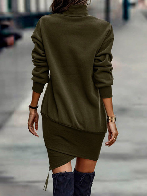 Robe courte décontractée à manches longues, à col haut, couleur unie