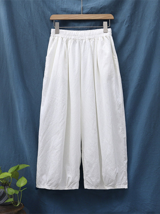 Knickerbockers à jambes larges et amples en lin, couleur unie, cordon de serrage plissé
