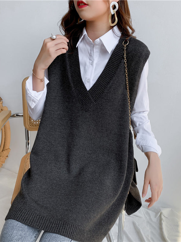 Gilet tricoté sans manches à la mode, fendu sur le côté, couleur unie, col en V