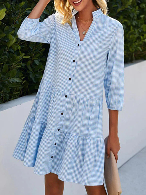 Robe chemise ample boutonnée coupe trapèze, à carreaux, à empiècements, à col montant