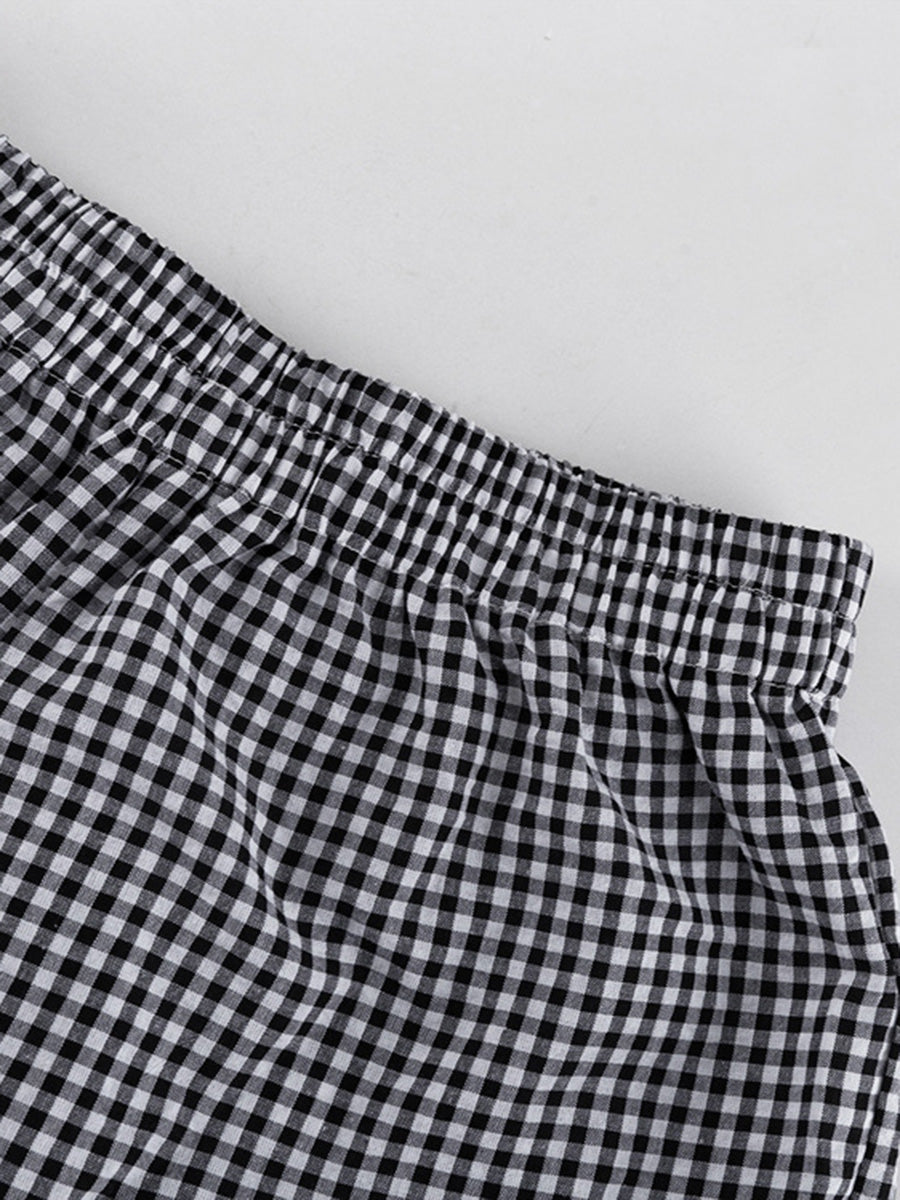 Ensemble deux pièces ample volanté boutonné à carreaux, à empiècements, à manches longues, à col revers, couleur contrastée – chemisier + pantalon