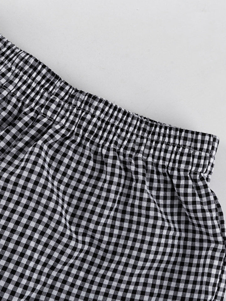 Ensemble deux pièces ample volanté boutonné à carreaux, à empiècements, à manches longues, à col revers, couleur contrastée – chemisier + pantalon