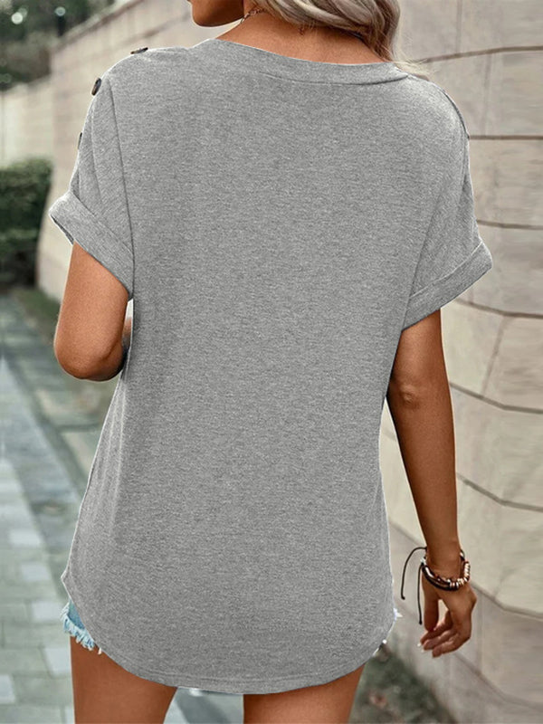 T-shirt ample boutonné à manches courtes, à col en V, couleur unie