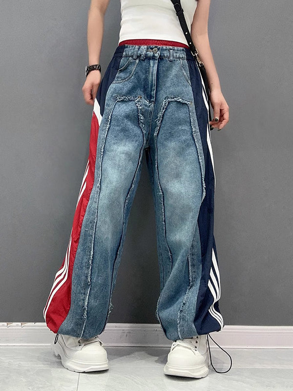 Jean ample à jambes larges, à cordon de serrage, à taille élastique, à franges, à empiècements, couleur contrastée