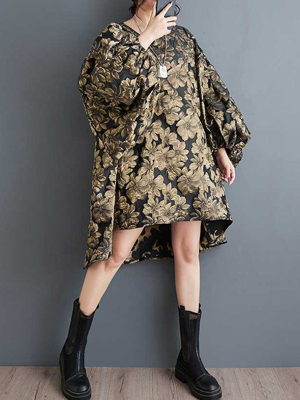 Robe mi-longue coupe trapèze, à ourlet plongeant, à taille élastique, à imprimé floral, en jacquard, à col rond