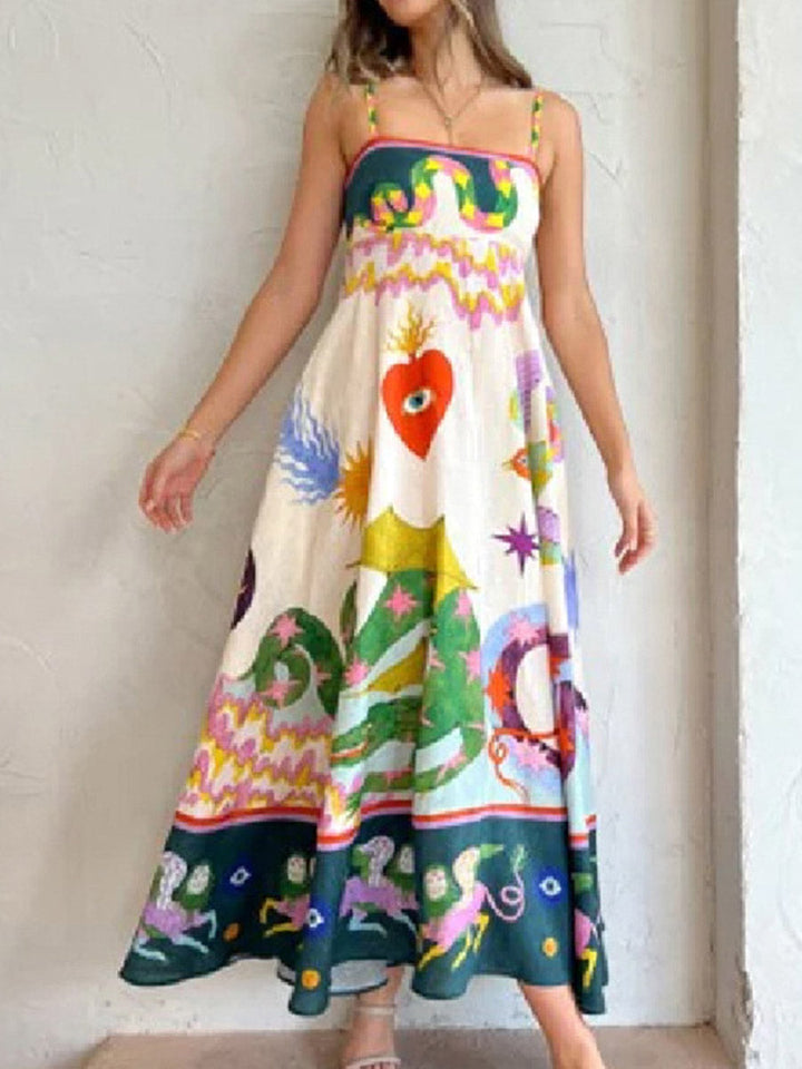 Robe mi-longue plissée imprimée coupe trapèze, taille haute, à empiècements, à fines bretelles, couleur contrastée