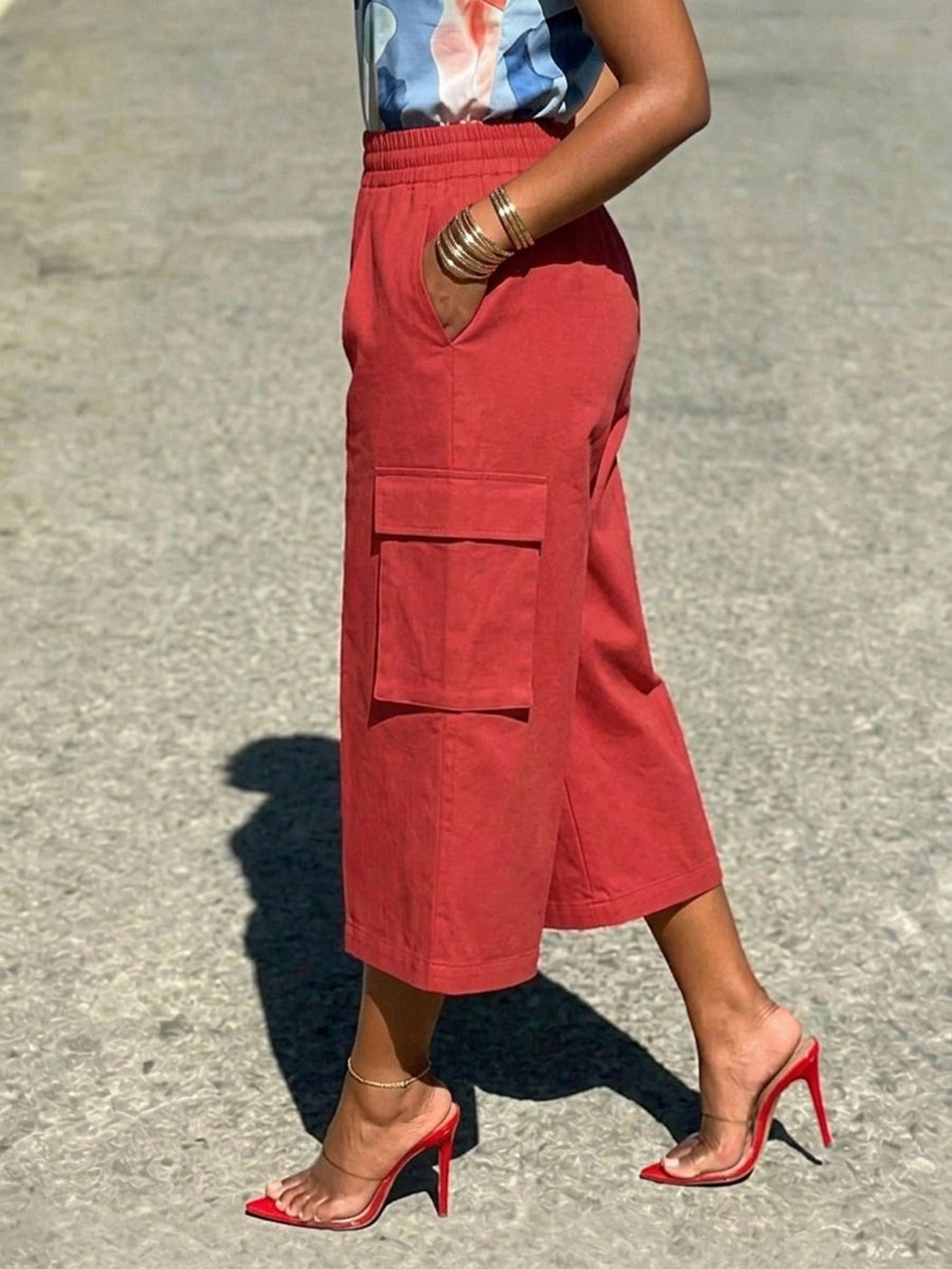 Pantalon ample taille haute, à taille élastique, à poches, couleur unie