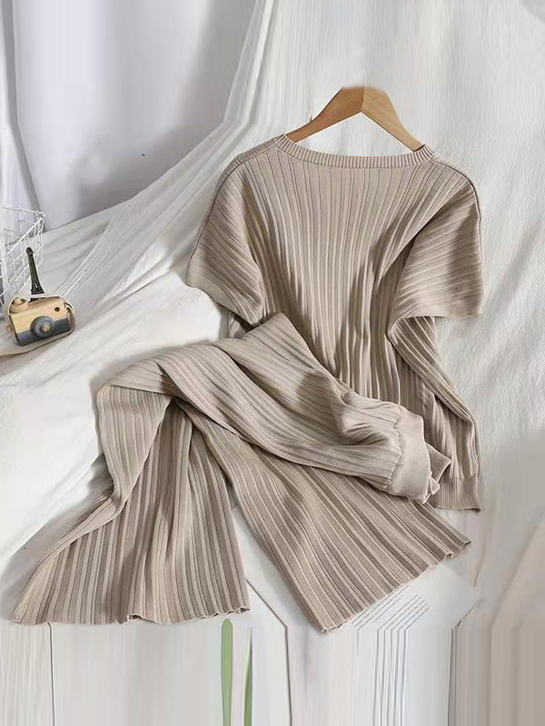 Ensemble deux pièces ample en tricot, à manches raglan, à col en V, couleur unie – pull + haut + pantalon
