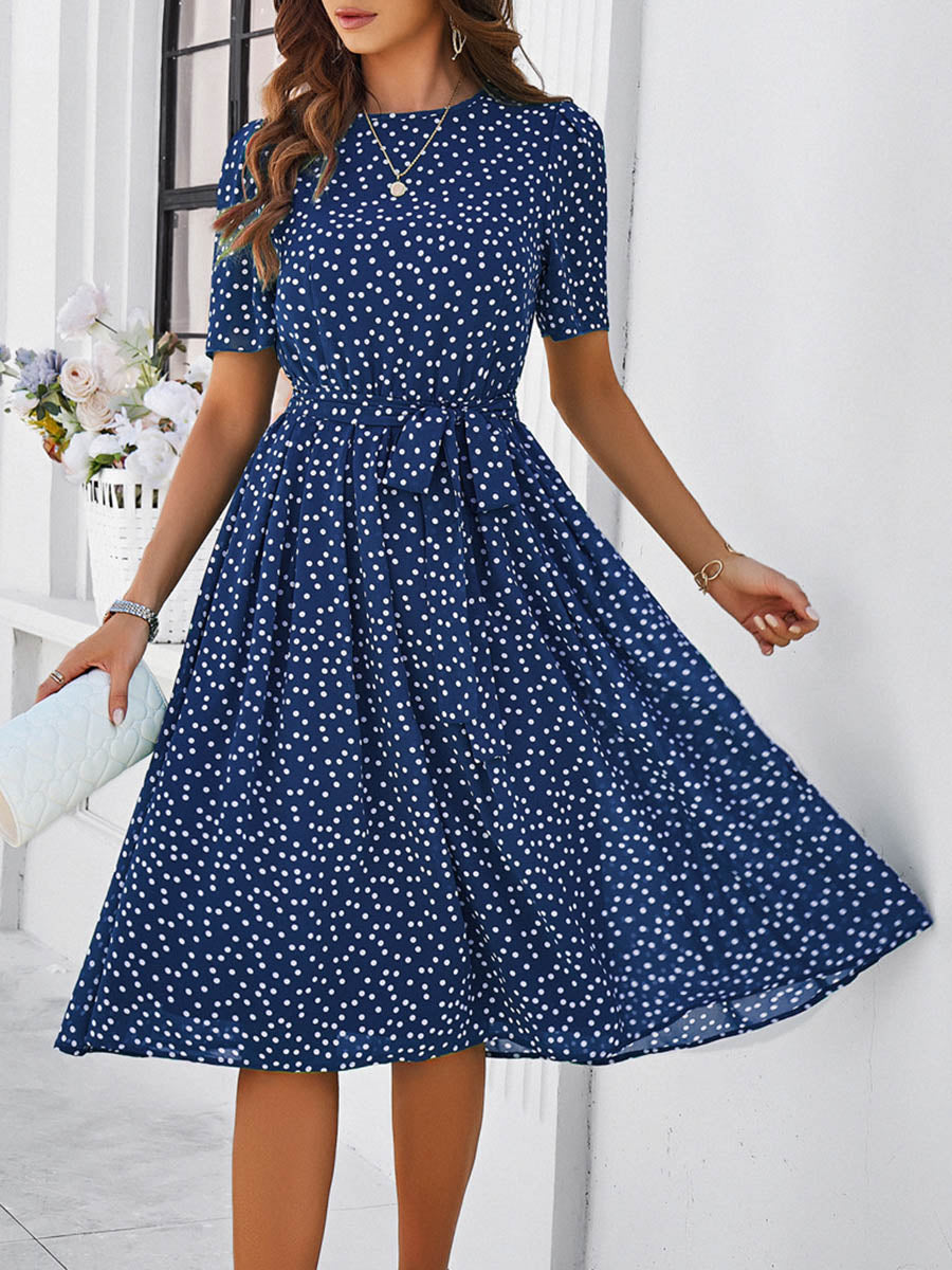 Robe mi-longue coupe trapèze, à taille élastique, à pois, à empiècements, à taille nouée, à col rond, couleur contrastée