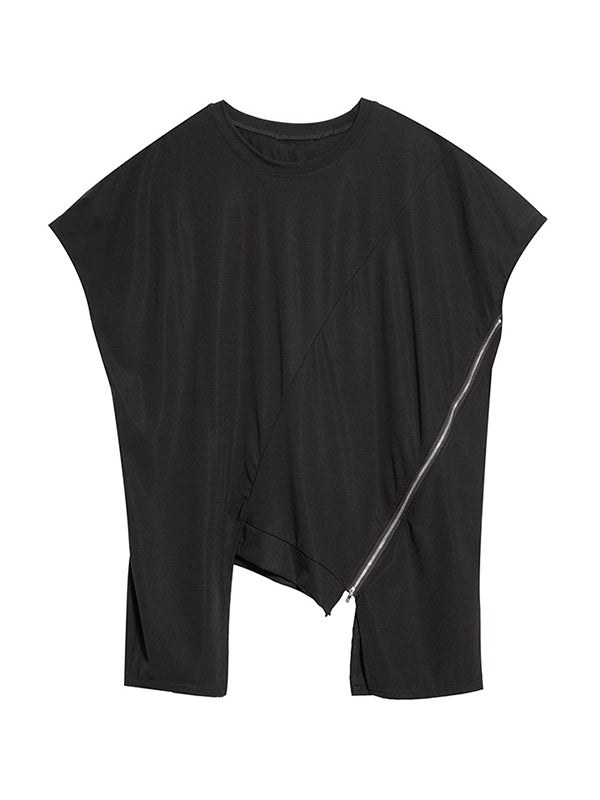T-shirt élégant irrégulier noir à fermeture éclair, à empiècements