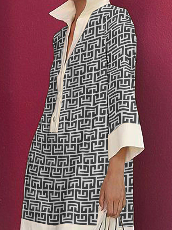 Robe chemise boutonnée imprimée à manches longues, à manches trois-quarts, à col revers