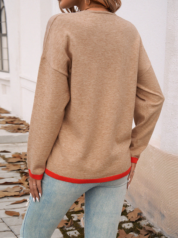 Pull ample à manches longues, à col en V, couleur contrastée