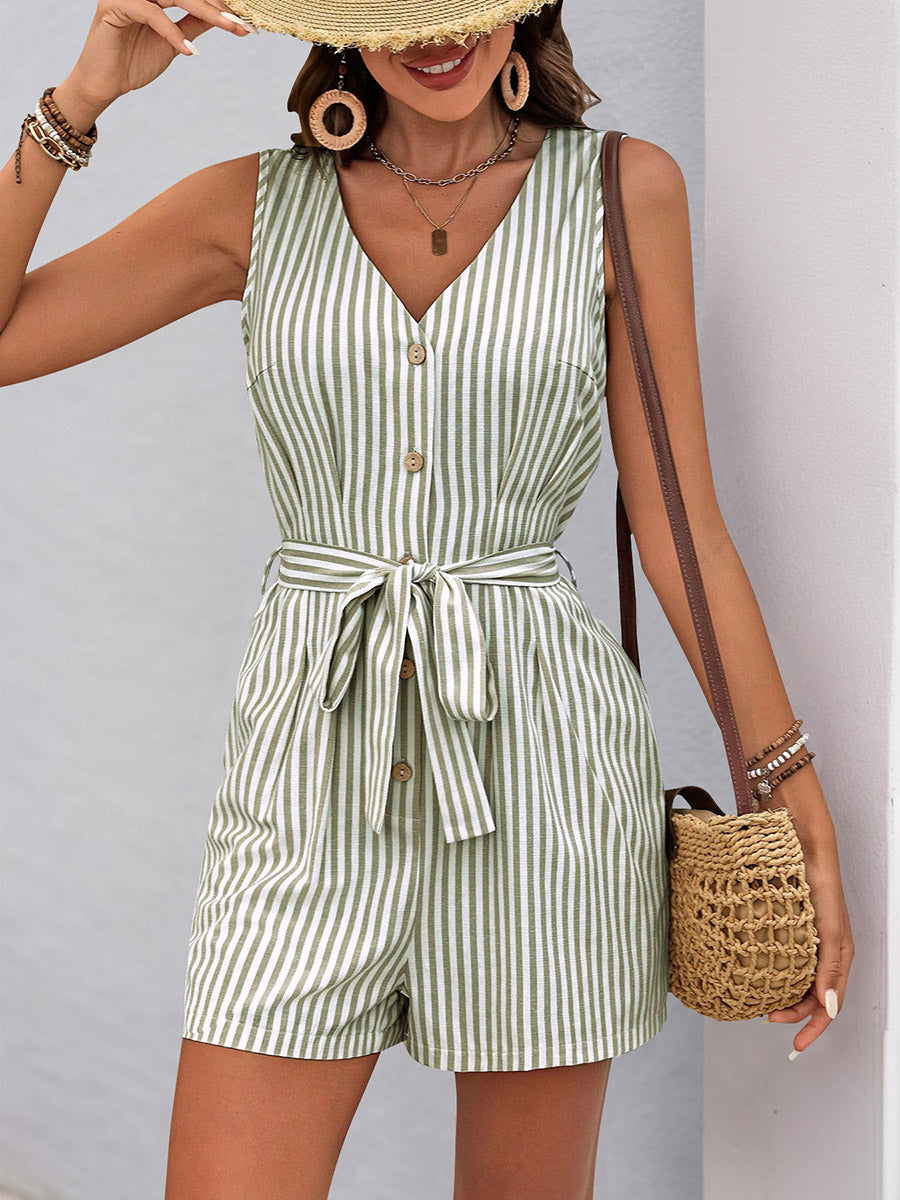 Combishort boutonné rayé à taille élastique, taille haute, à poches, à taille nouée, à col en V