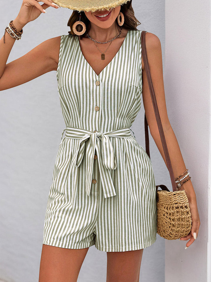 Combishort boutonné rayé à taille élastique, taille haute, à poches, à taille nouée, à col en V