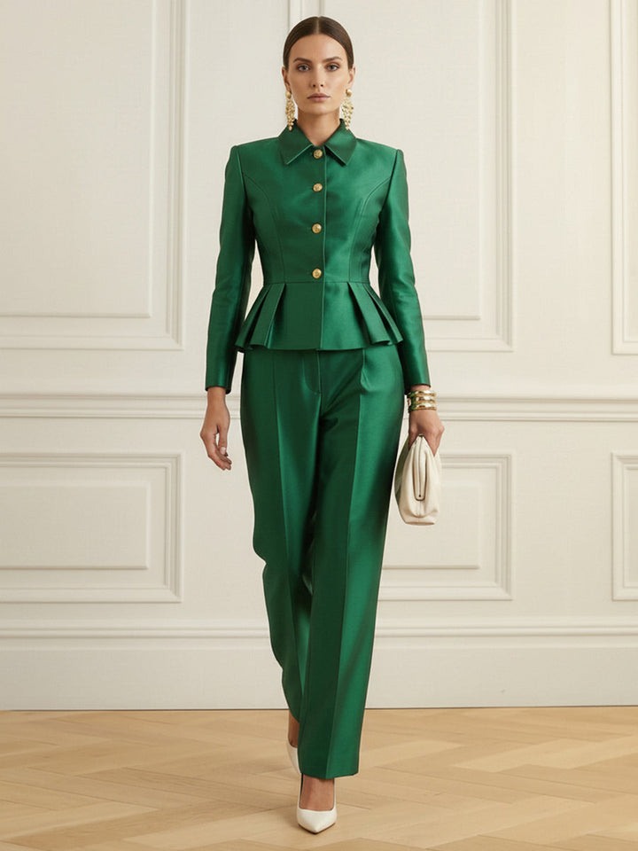 Chemisier boutonné volanté à taille élastique, taille haute, à empiècements, à col revers, couleur contrastée
