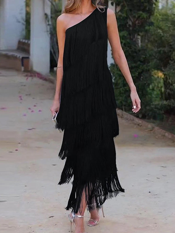 Robe longue ample asymétrique sans manches, à empiècements, à pompons, asymétrique à une épaule, couleur unie