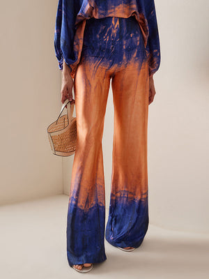 Pantalon ample taille haute, dégradé de couleurs contrastées, à empiècements, teint par nouage