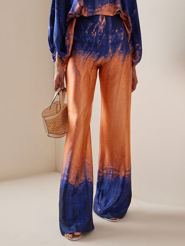 Pantalon ample taille haute, dégradé de couleurs contrastées, à empiècements, teint par nouage