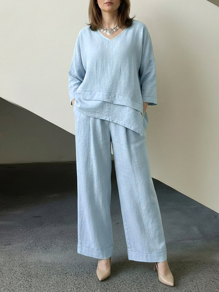 Ensemble deux pièces ample asymétrique à manches longues, à empiècements, à jambes larges – haut + pantalon