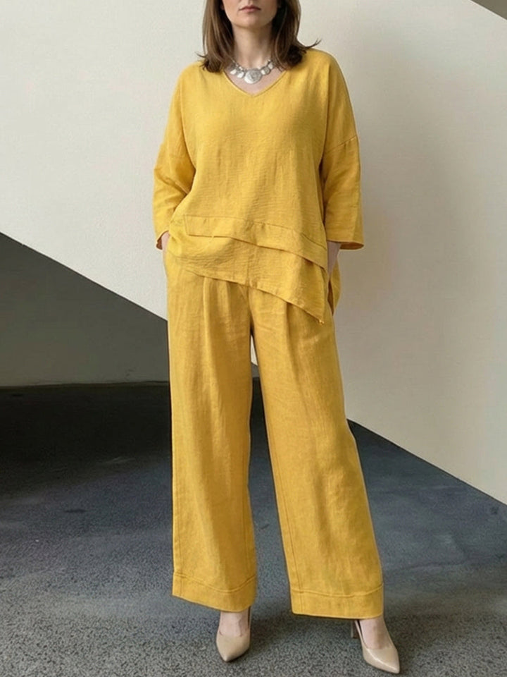 Ensemble deux pièces ample asymétrique à manches longues, à empiècements, à jambes larges – haut + pantalon