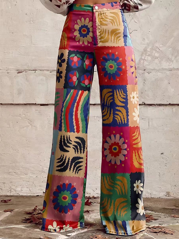 Pantalon imprimé boutonné à poches, à jambes larges, grande taille