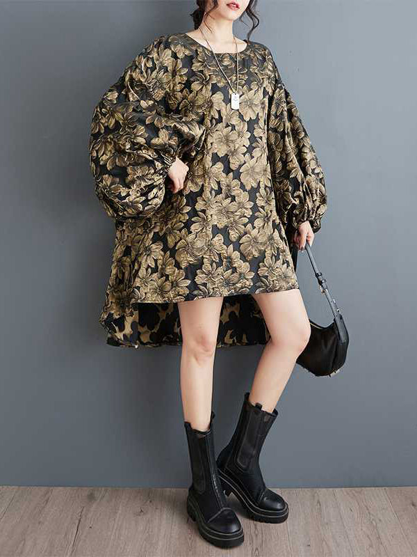 Robe mi-longue coupe trapèze, à ourlet plongeant, à taille élastique, à imprimé floral, en jacquard, à col rond