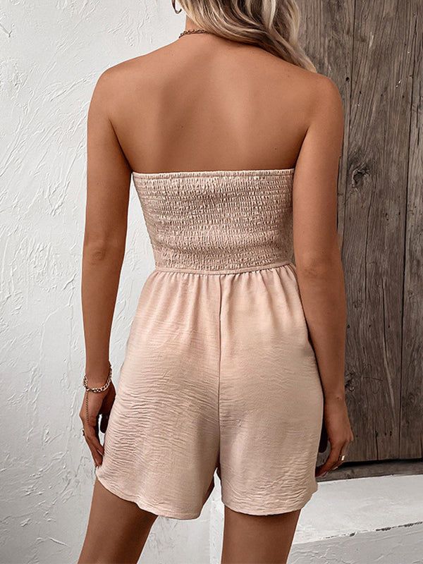 Combishort ample boutonné grande taille, à cordon de serrage, à taille élastique, à poches, à empiècements, bustier