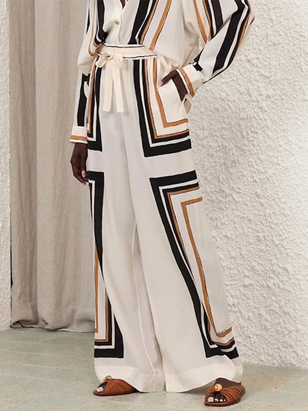Pantalon ample rayé décontracté à jambes larges, à carreaux, à taille nouée