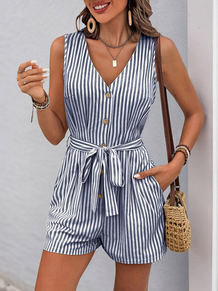 Combishort boutonné rayé à taille élastique, taille haute, à poches, à taille nouée, à col en V