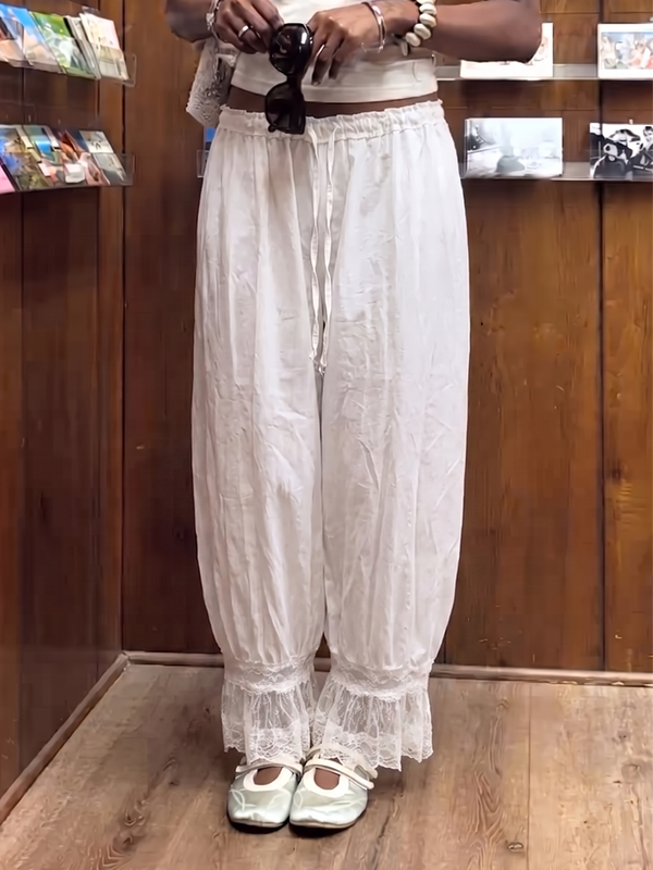 Pantalon transparent à empiècements, à poches, à taille élastique, à cordon de serrage, taille haute, couleur unie