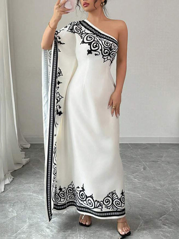 Robe longue ample asymétrique plissée à manches chauve-souris, à taille élastique, à imprimé floral, asymétrique à une épaule